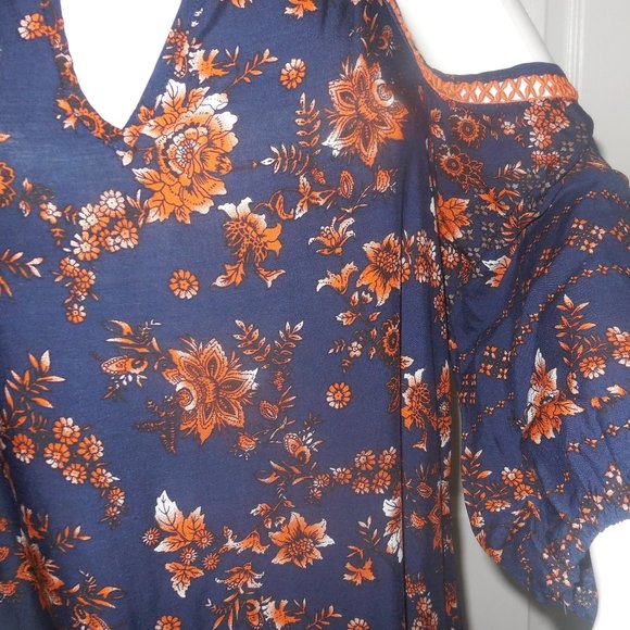 Dress Floral Short Summer A-line open shoulders long sleeve boho NWT LARGE - Picture 7 of 8